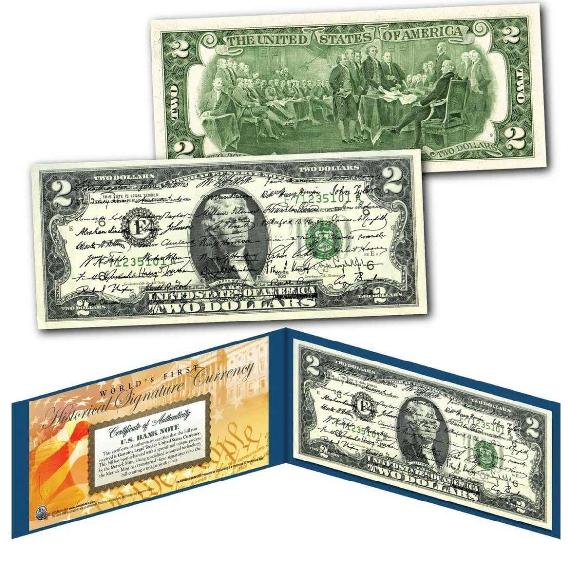 Банкнотата  два долара с подписи на всичките 46 президента на САЩ