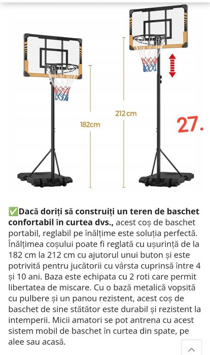 Set baschet, panou din oțel, reglabil pe înălțime, roți