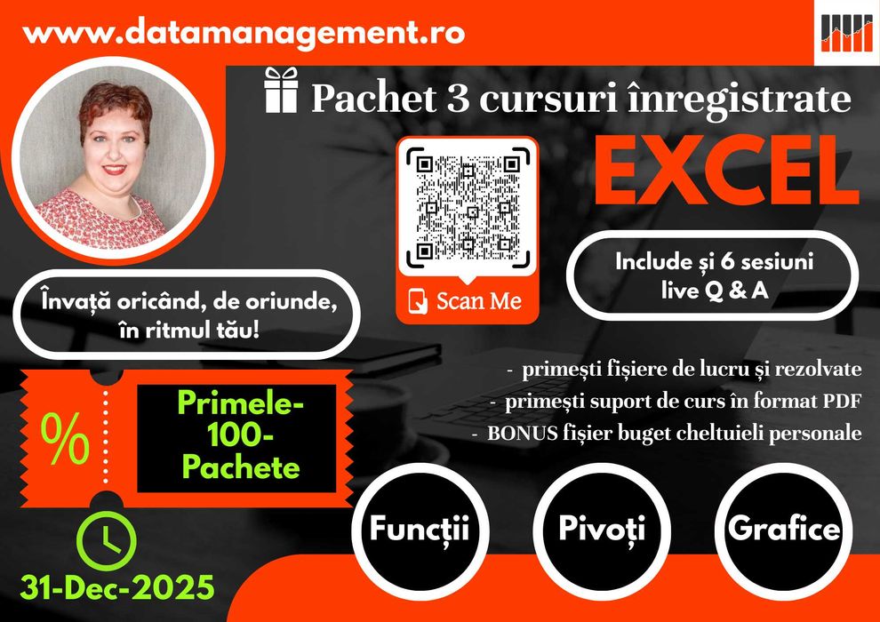 Pachet 3 cursuri Excel înregistrate cu acces la 6 webinarii live Q&A