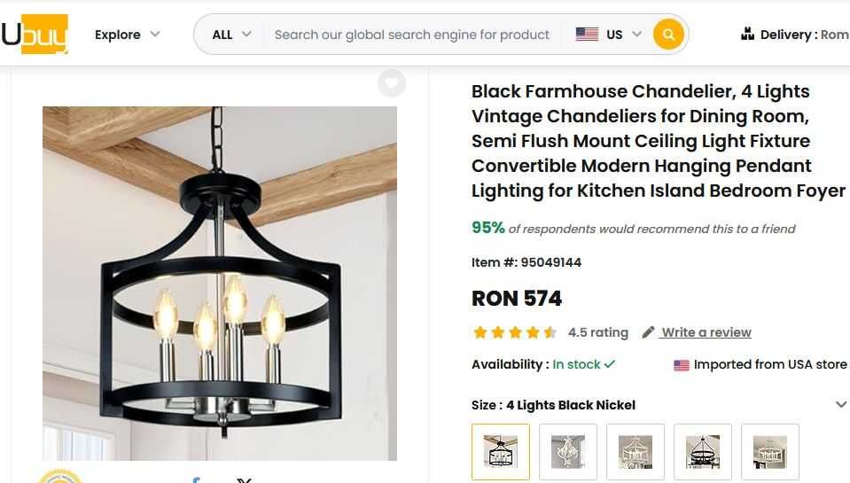 Candelabru rustic, KMaiPem, lustra vintage, 4 brate, E14, negru