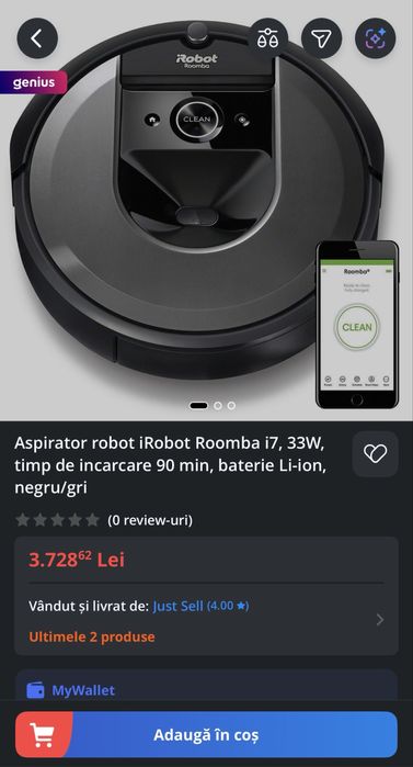 Robot aspirator Roomba i7 WiFi smart, 33W, la cutie