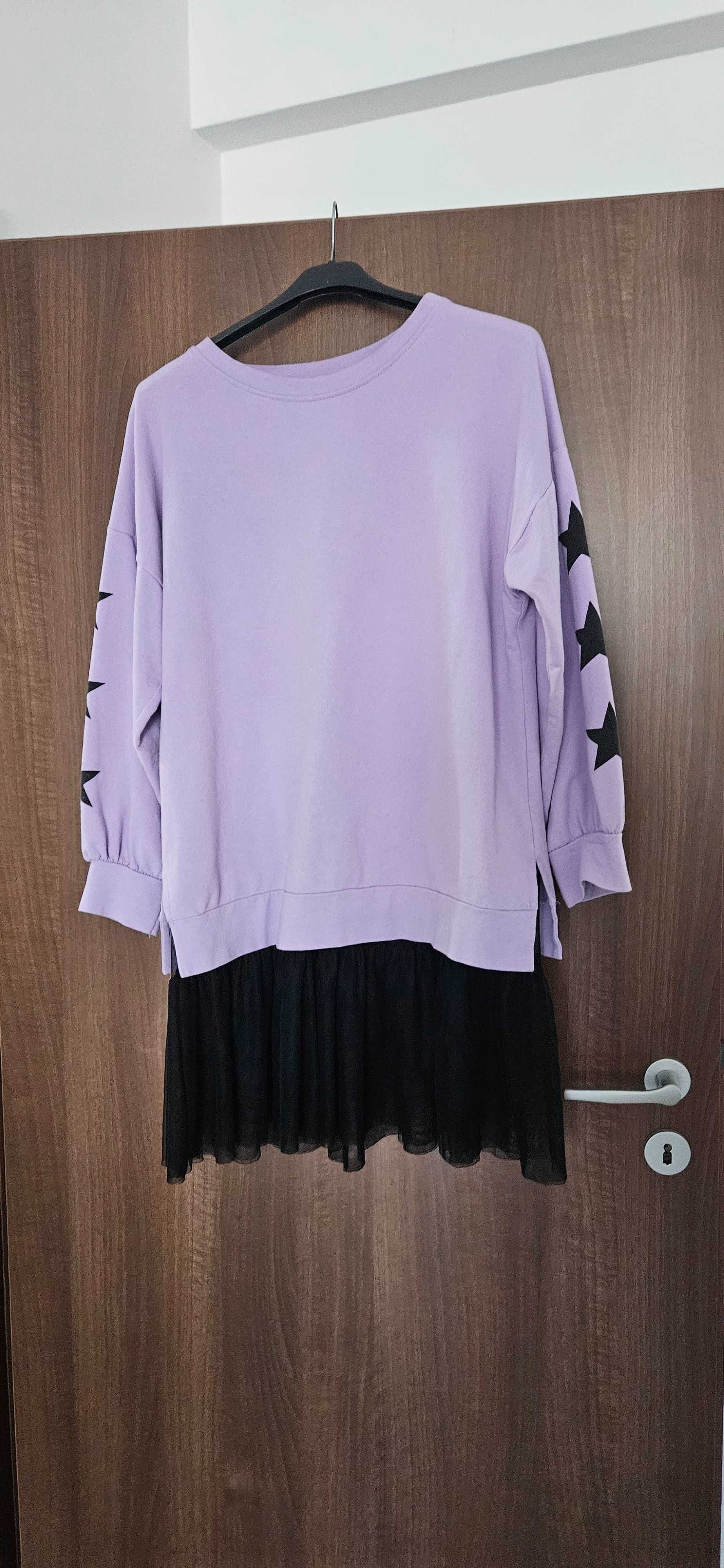 Rochie mov din bumbac cu tul aplicat