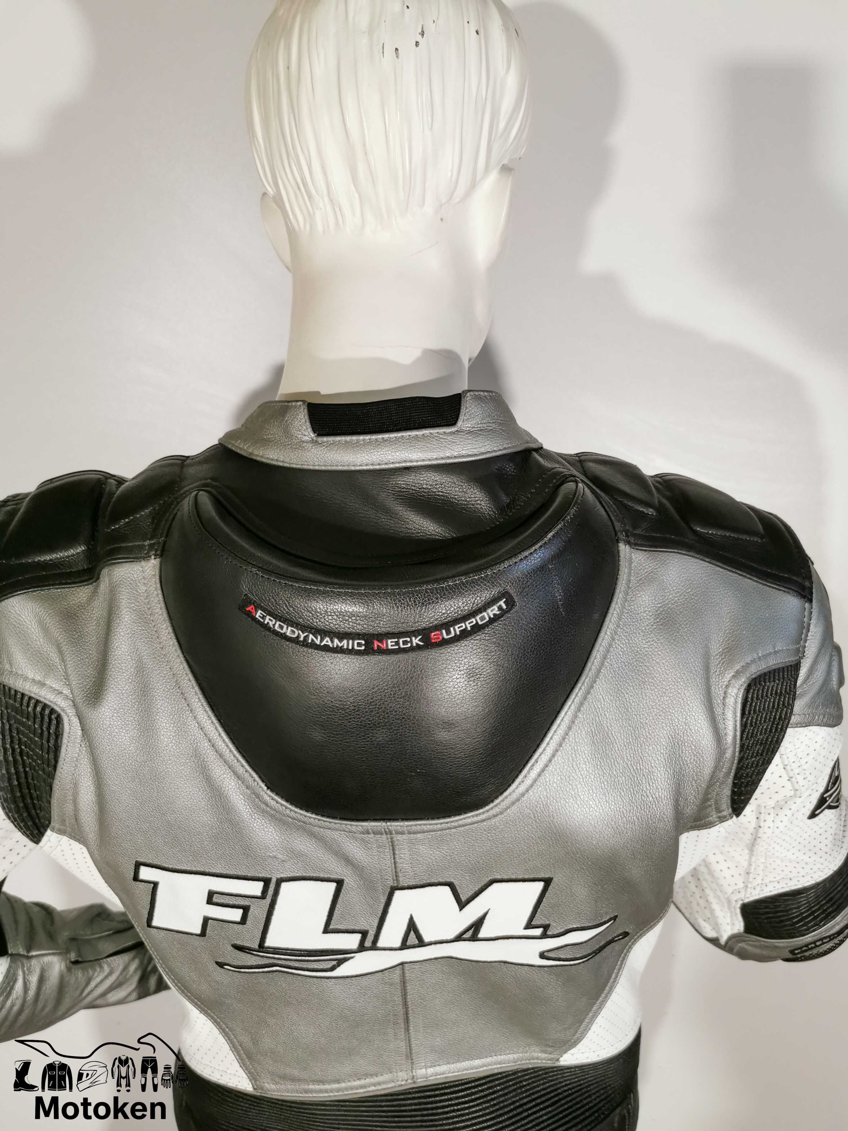 Costum moto piele FLM gri alb negru cu cocoasã marimi: 48, 50,52