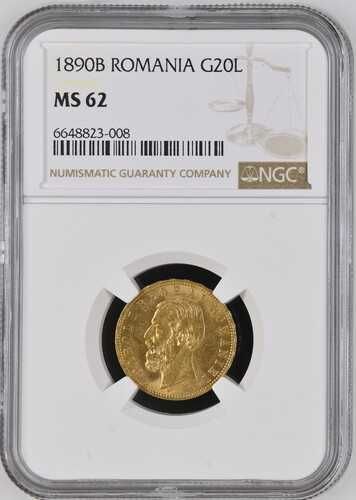Moneda AUR 20 lei 1890 MS62, Carol I, certificata NGC, grad f. bun