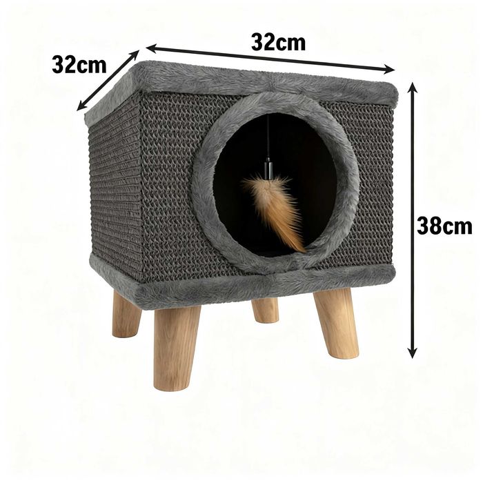 Casa pisici cu pat si loc de joaca picioare din lemn 38 x 32 x 32 cm