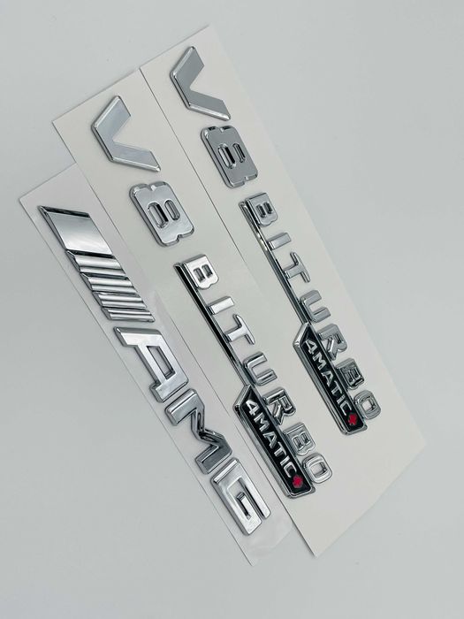 Set embleme compatibile Mercedes V8 biturbo 4matic+ AMG crom