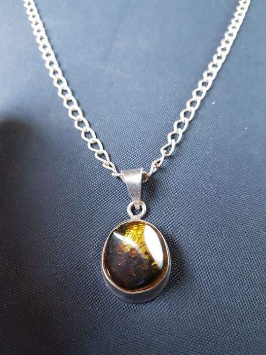 Colier superb argint 925 Miler,pandantiv vintage chihlimbar maro,super