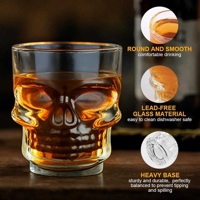 Set 2 pahare din sticla transparenta model craniu 250 ml design modern