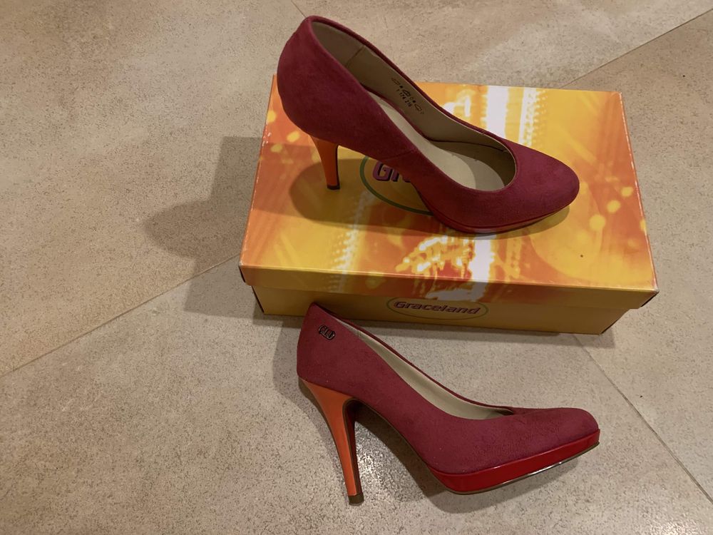 Обувки на ток в 3 цвята - червено, лилаво и оранжево