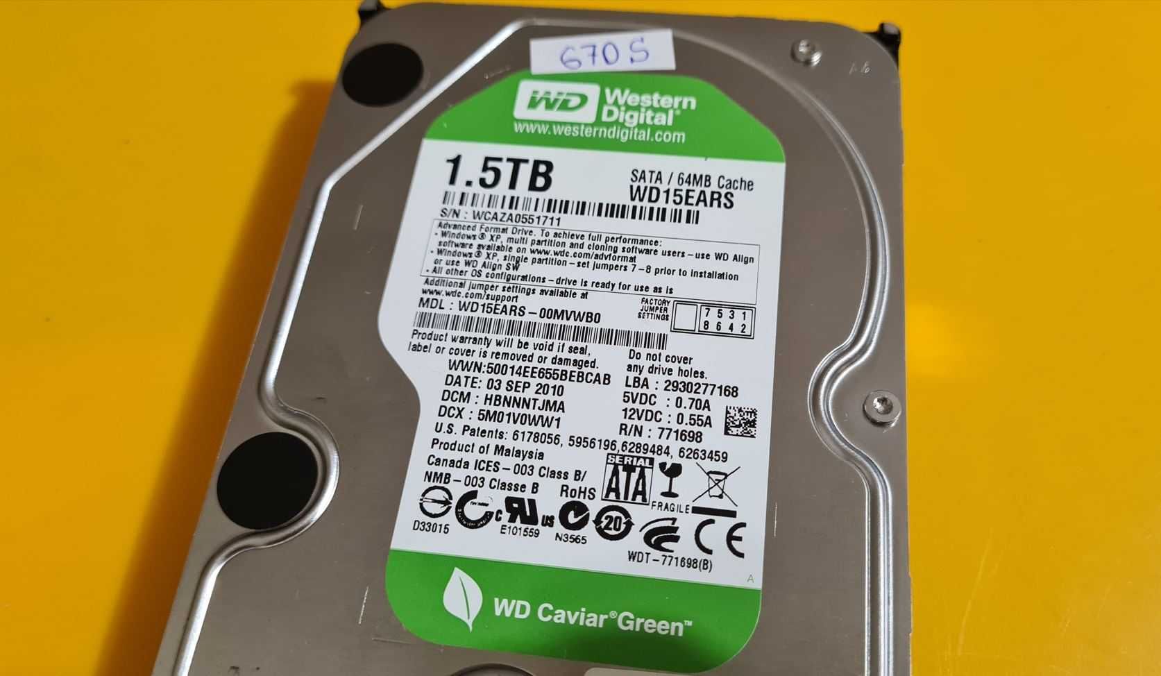 670S.HDD Hard Disk Desktop,1,5TB,Western Digital,64MB,7200Rpm,Sata II