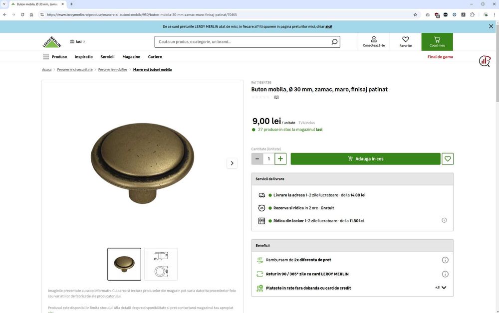 Manere butoni mobila maro finisaj satinat/patinat