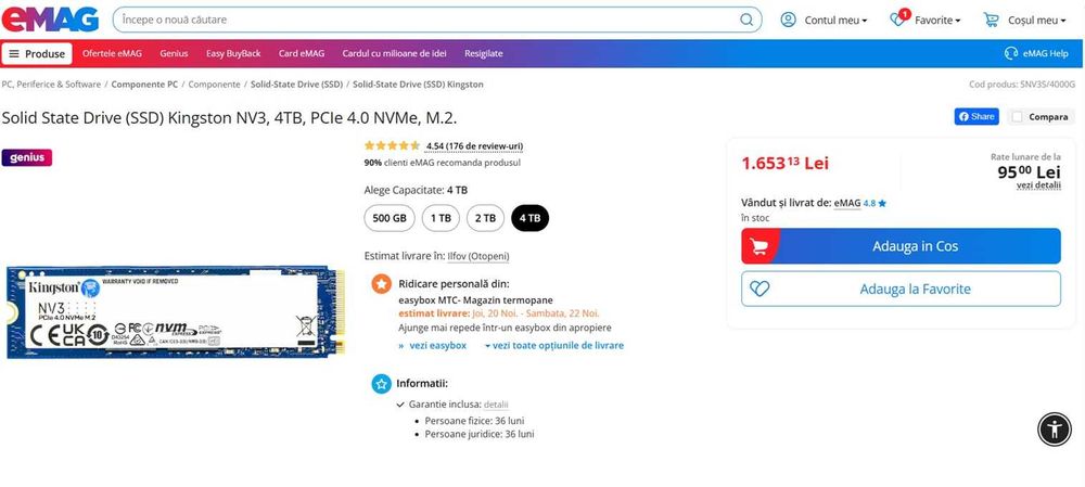 Solid State Drive (SSD) Kingston NV2 4TB, PCIe 4.0 NVMe, M.2