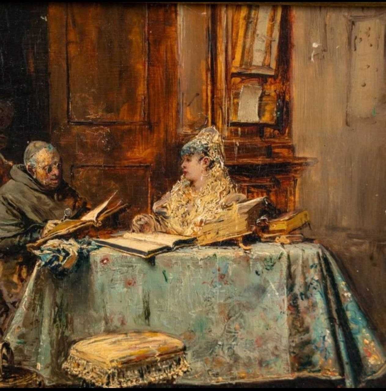 картина, масло.Кардинал за столом с компанией». Италия, Рим, 1885 г