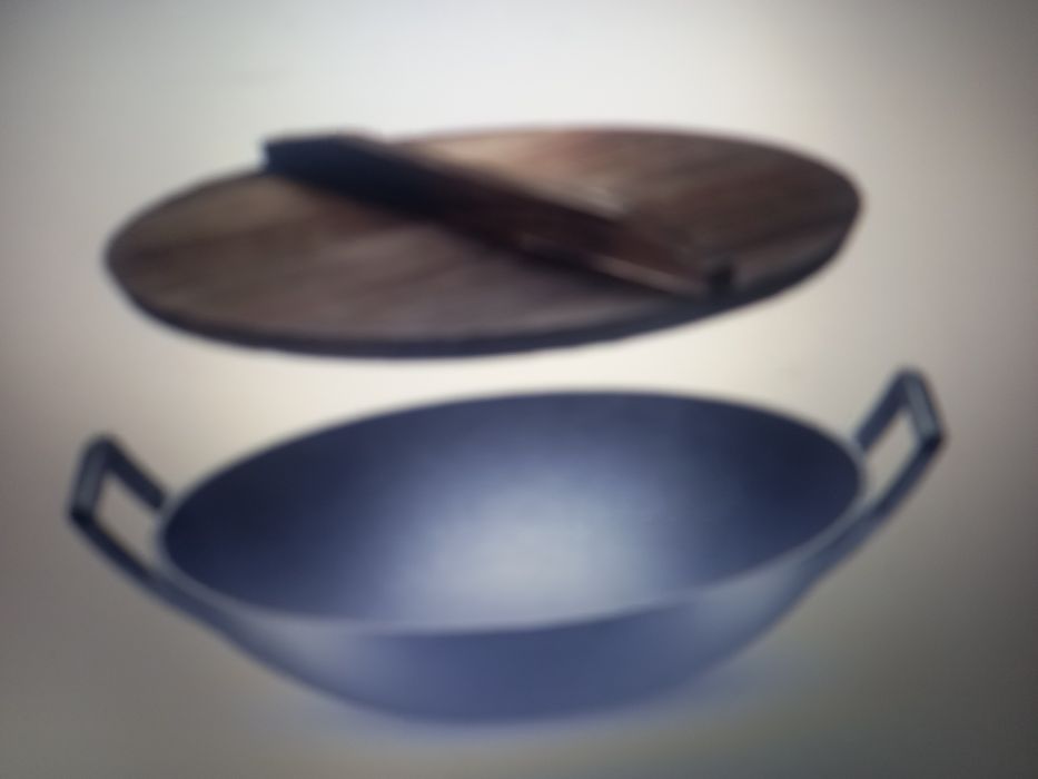 Wok fontă  cu capac din lemn 37 cm x 10 cm