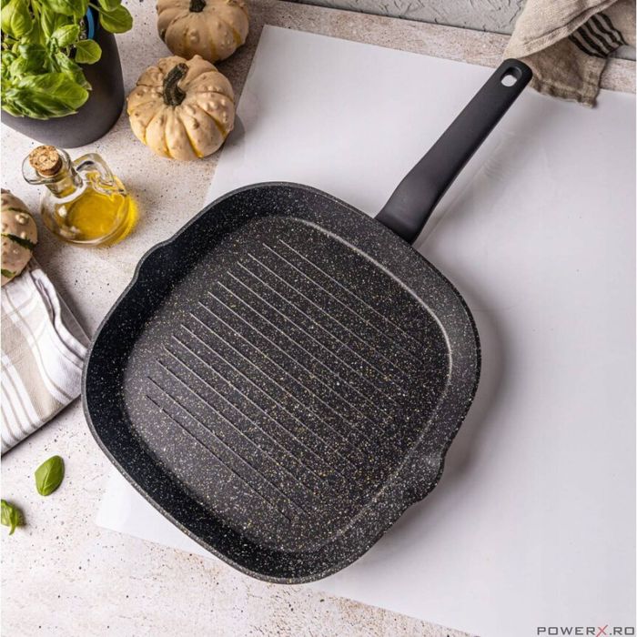 Tigaie tip grill, din aluminiu turnat, marmorata, neagra, 28cm,