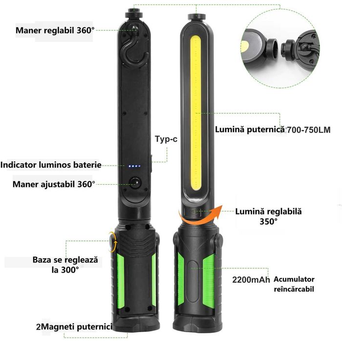 Lampa de lucru atelier, portabila, lampa lucru santier, camping1400 lm