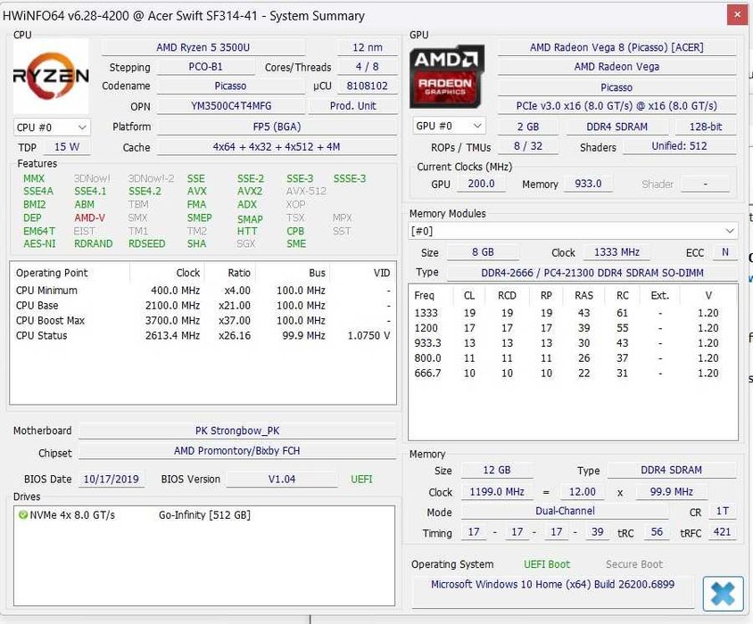 Laptop Acer Swift Ryzen 5 3500u Video Vega8 2G 12GB DDR4 512 SSD Slim