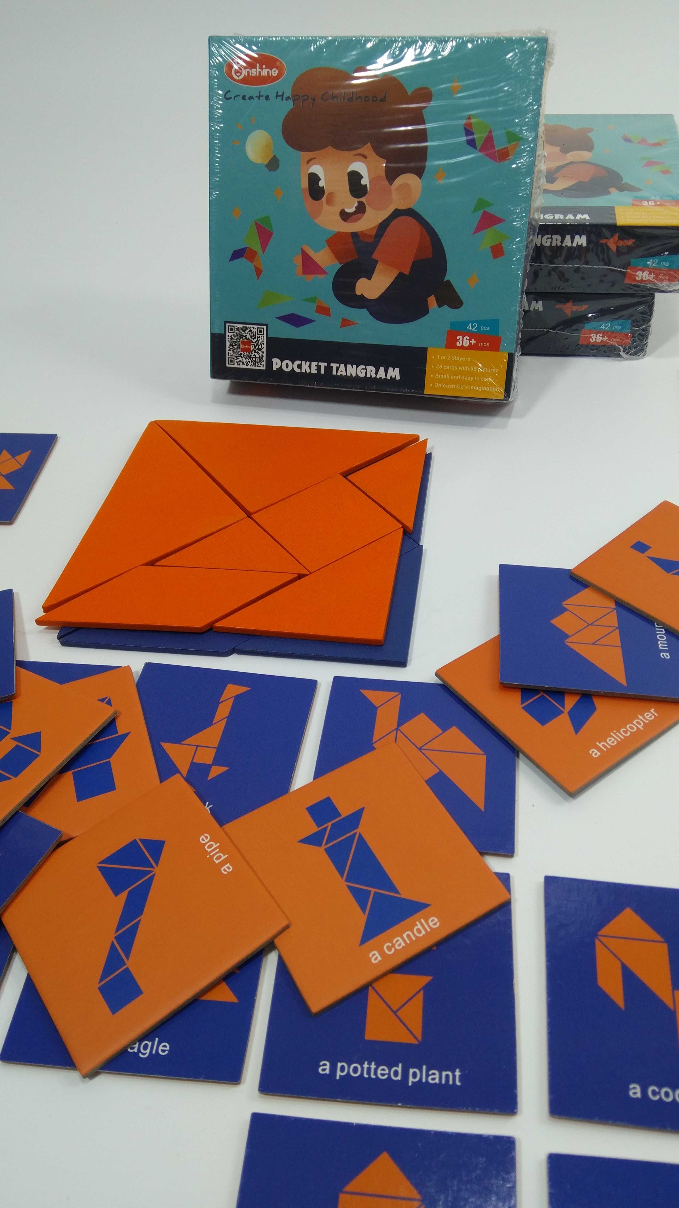 ХИТ! " Pocket tangram " 2бр. дървен Джобен танграм с шаблони в кутия