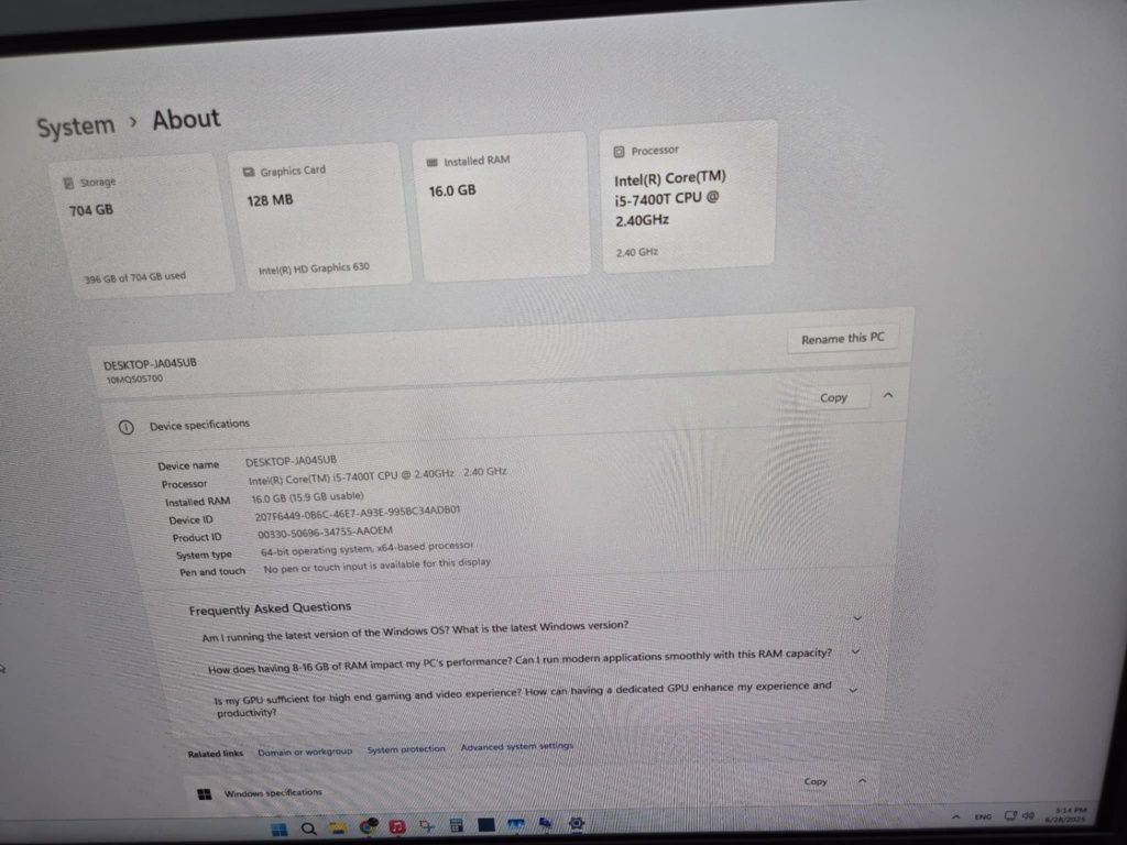 Lenovo ThinkCentre M710q i5 - 7400T, 16GB Ram, 256 GB SSD GB