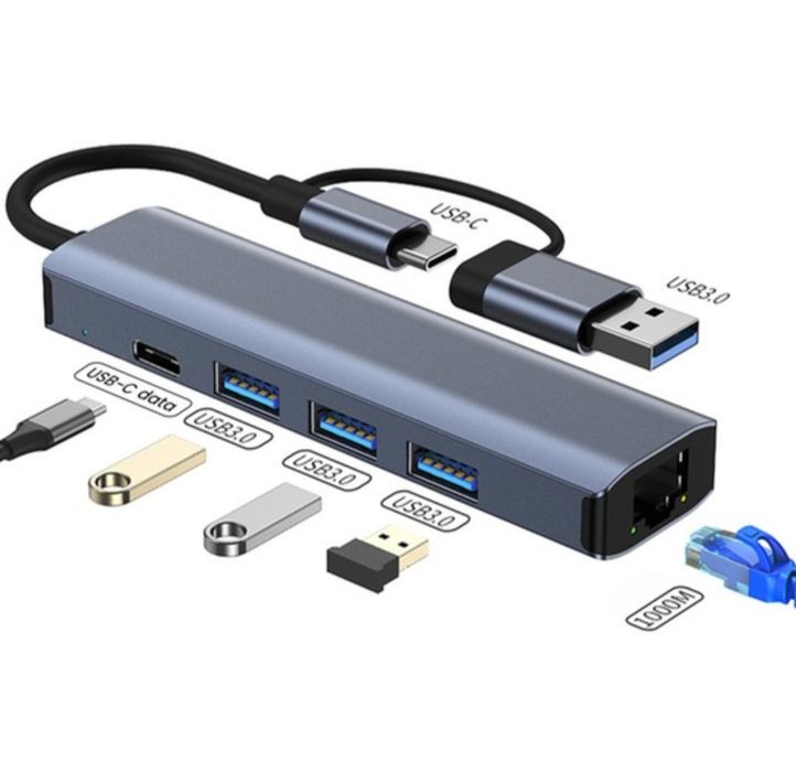 Adaptor/Hub 5 in 1, USB-C/USB, Port Internet 1000 Mbps