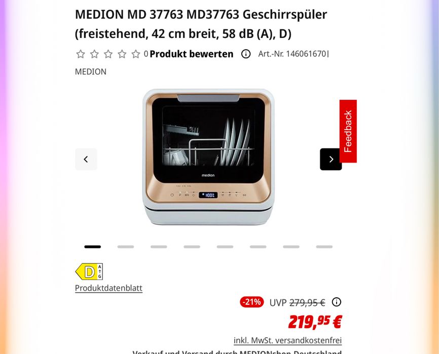 Mini-mașină de spălat vase MEDION MD 37763 model „DWT20”