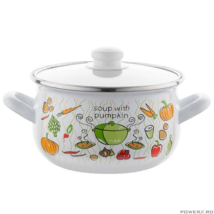 Oala cu capac din sticla, din inox, emailata, alba, 20cm-4.2l, FLORINA