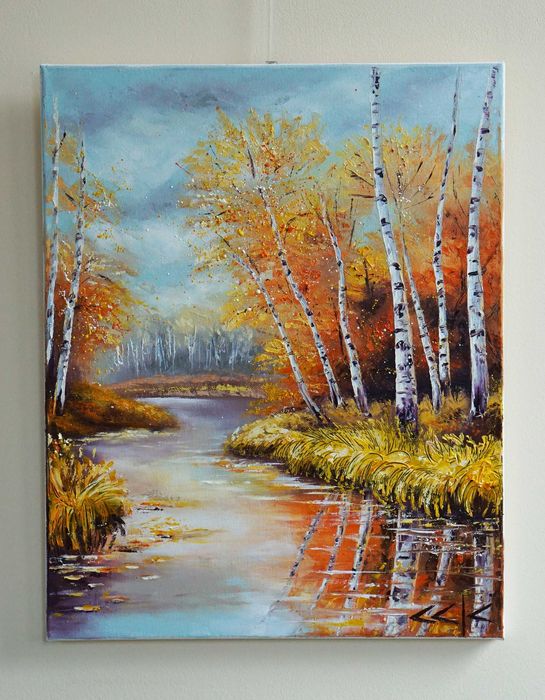 "Шепотът на брезите" Картина 50х40см, Маслена живопис с шпакла