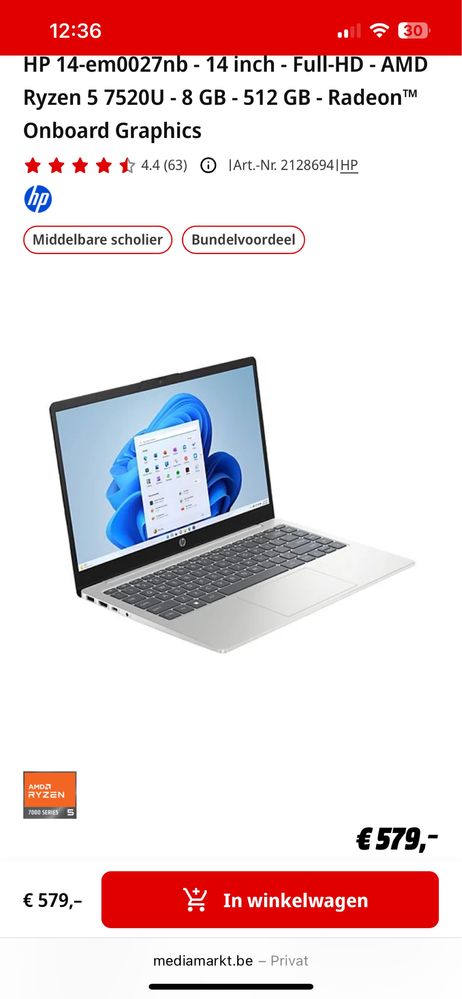 Hp 14-em0027nb amd ryzen 5 7520u ssd 512gb nou