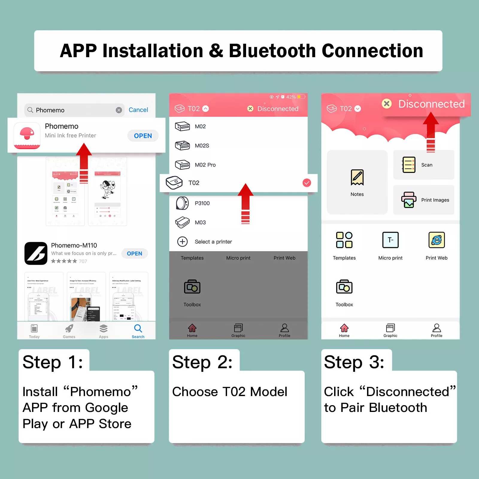 Джобен Мини Принтер Phomemo с  Bluetooth