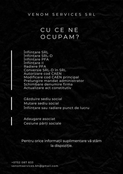 Infiintare firma, Gazduire sediu, Semn digitala 100% ONLINE, Acces SPV