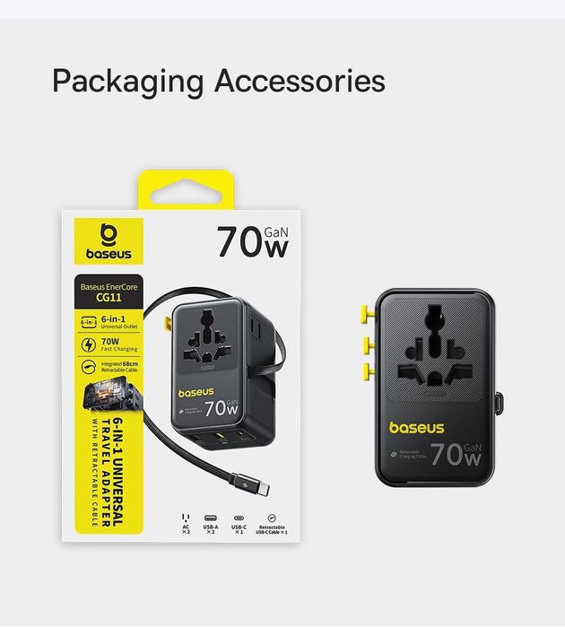 Baseus 70w Универсальный Дорожный адаптер зарядка с выдвижным кабелем
