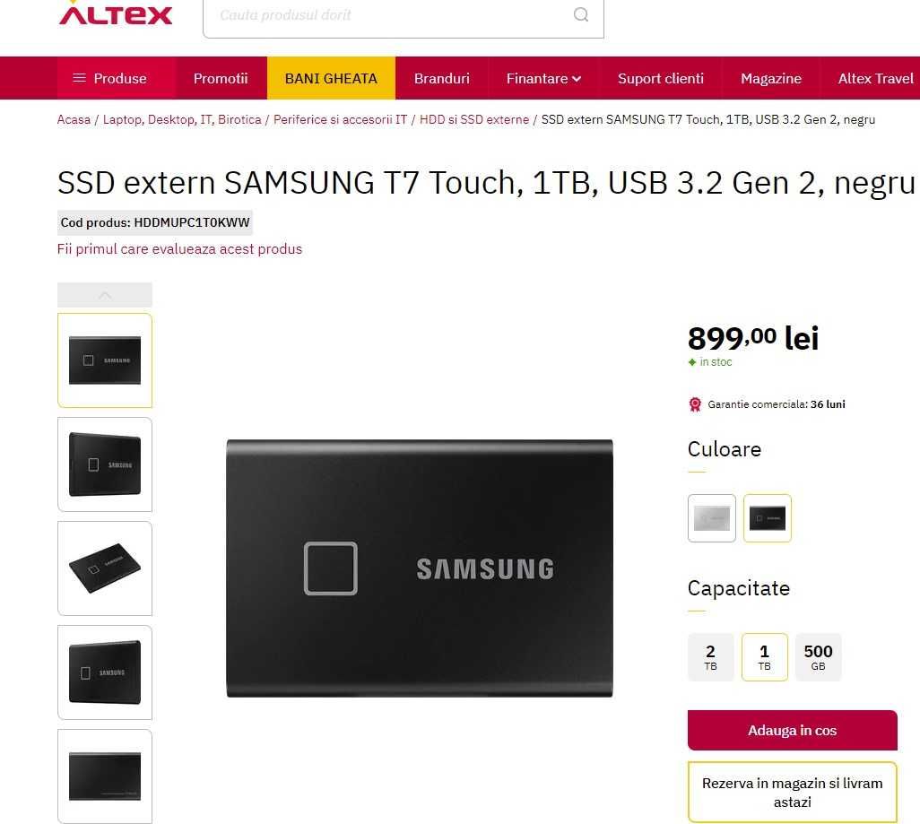 SSD extern Samsung T7 Touch, 1TB