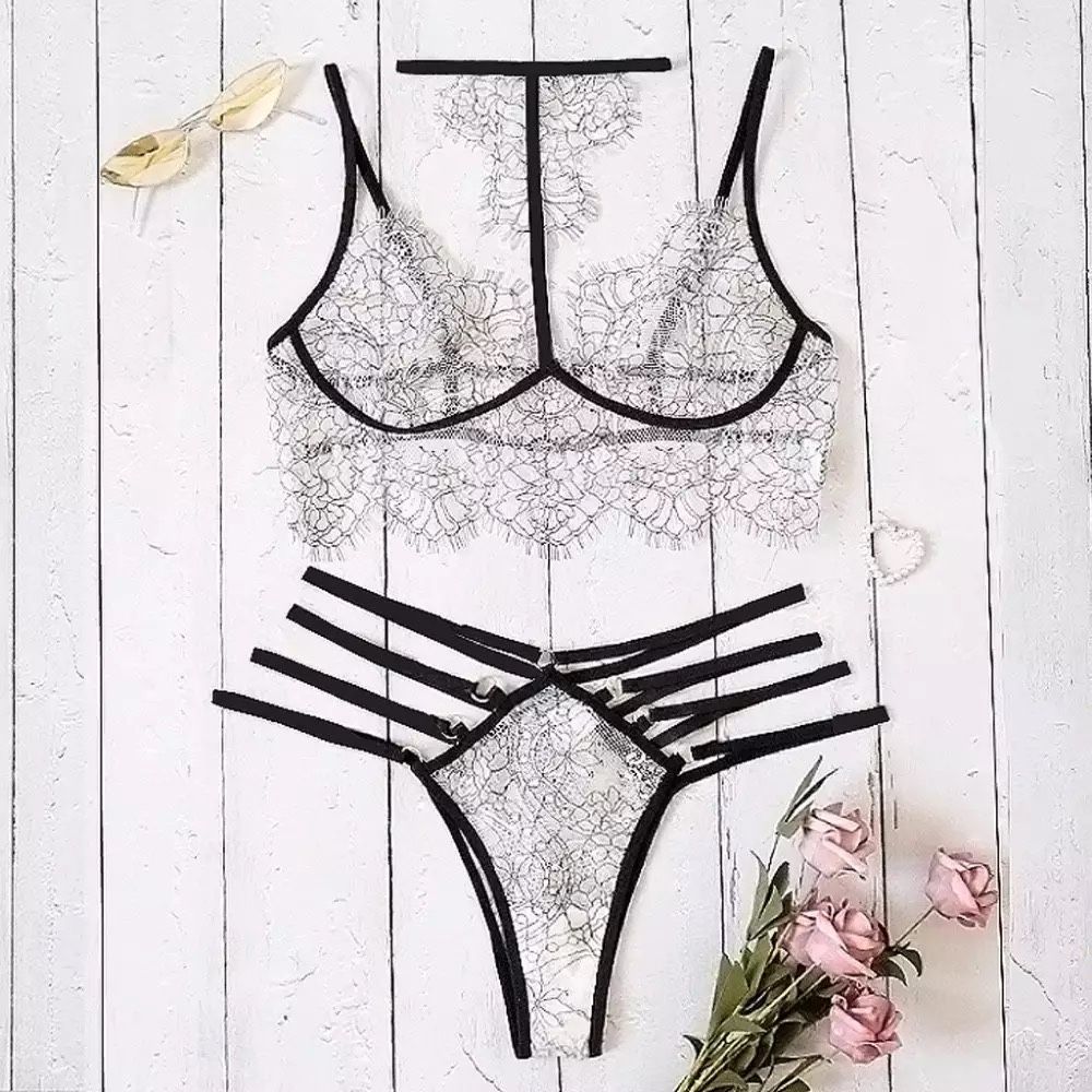 Set S1 dantela Chiloti Sutien gri negru bretele Bralette alb