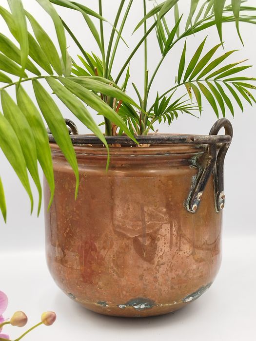 Голямо холандско медно котле, ръчно изковано с дръжка от ковано желязо