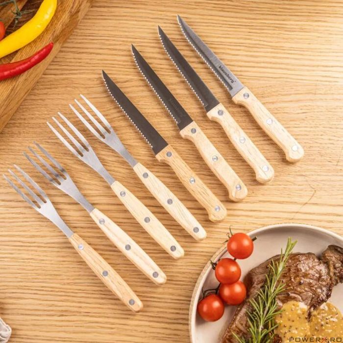 Set pentru friptura si gratar, 8 piese, otel inoxidabil, lemn,