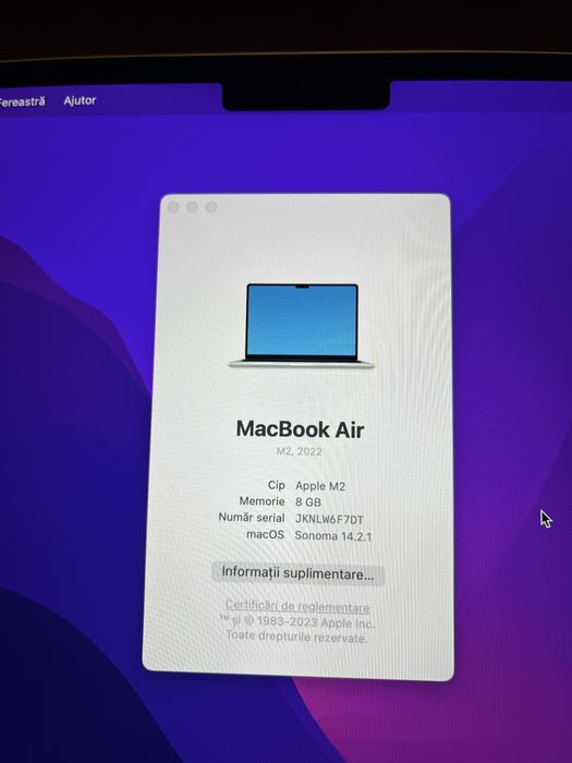 MacBook Air 13.6” M2 (2022) — Silver , 8GB / 256GB SSD, Baterie 100%