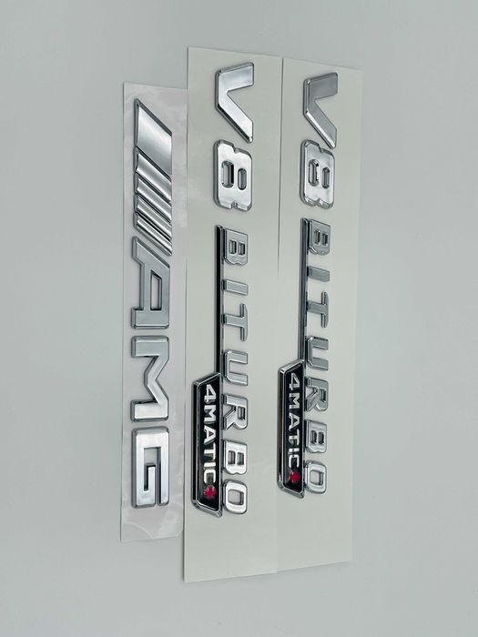 Set embleme compatibile Mercedes V8 biturbo 4matic+ AMG crom