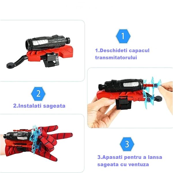 Manusi Spiderman cu ventuze,sfoara si lansator, IdeallStore®, rosu