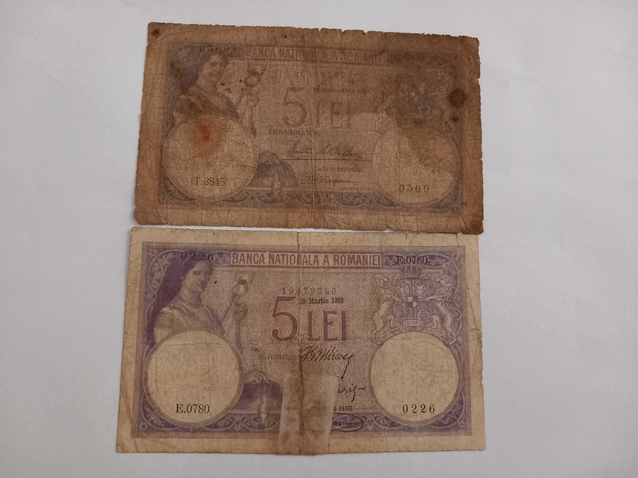 Romania , Lot 2 bancnote 5 lei 1920 si 1929