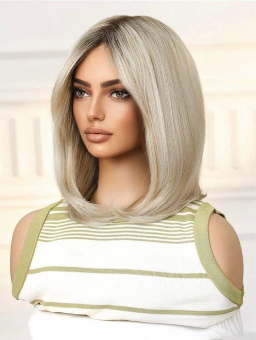 Peruca M1 Blond Bob Ombre Baza Satena Gri Blond Platinat Suvite Silver