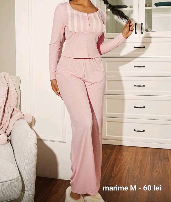 Pijama roz cu dantelute pijama de toamna mânecă lunga