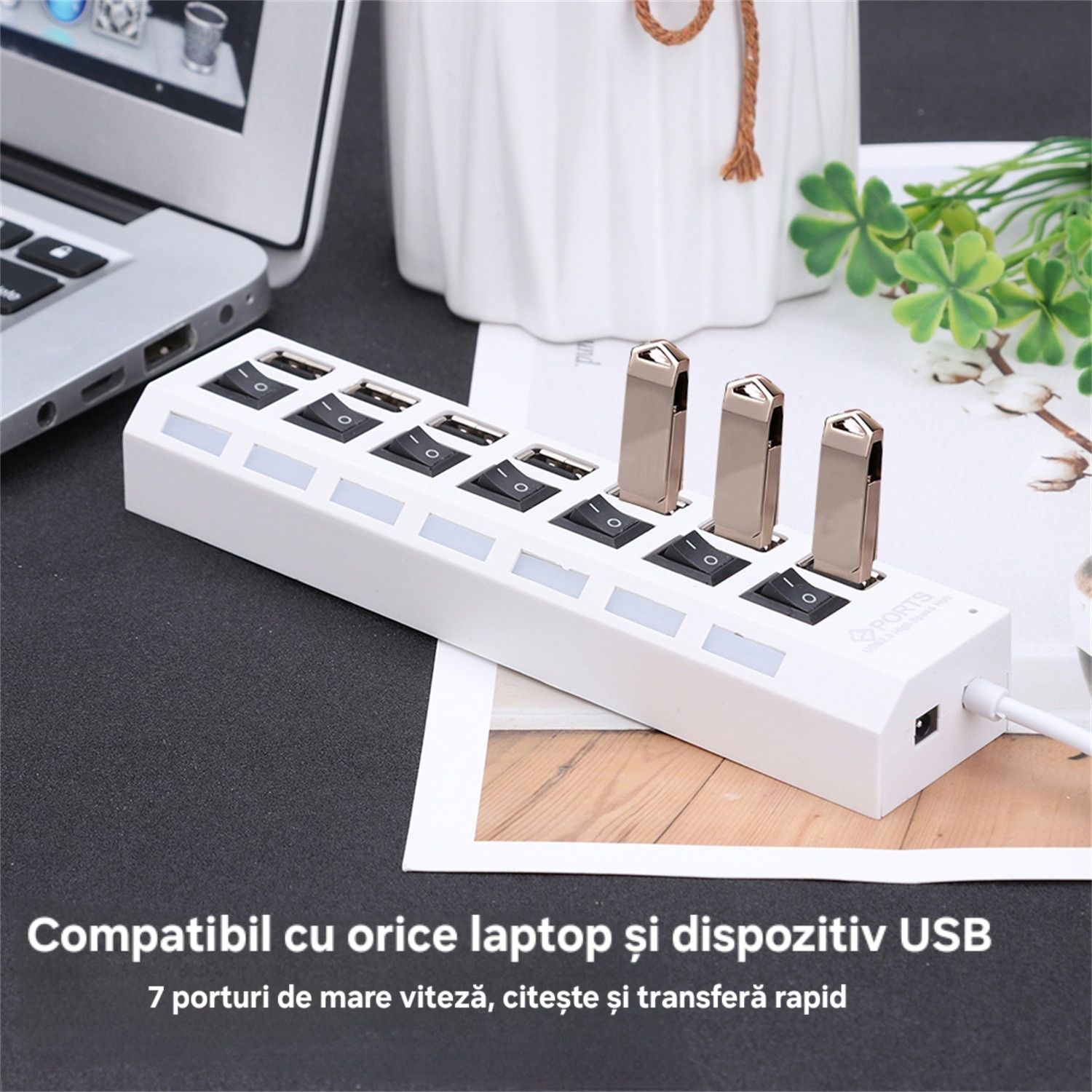 USB Hub 7port hi speed, butoane on/off individuale, cablu 30cm