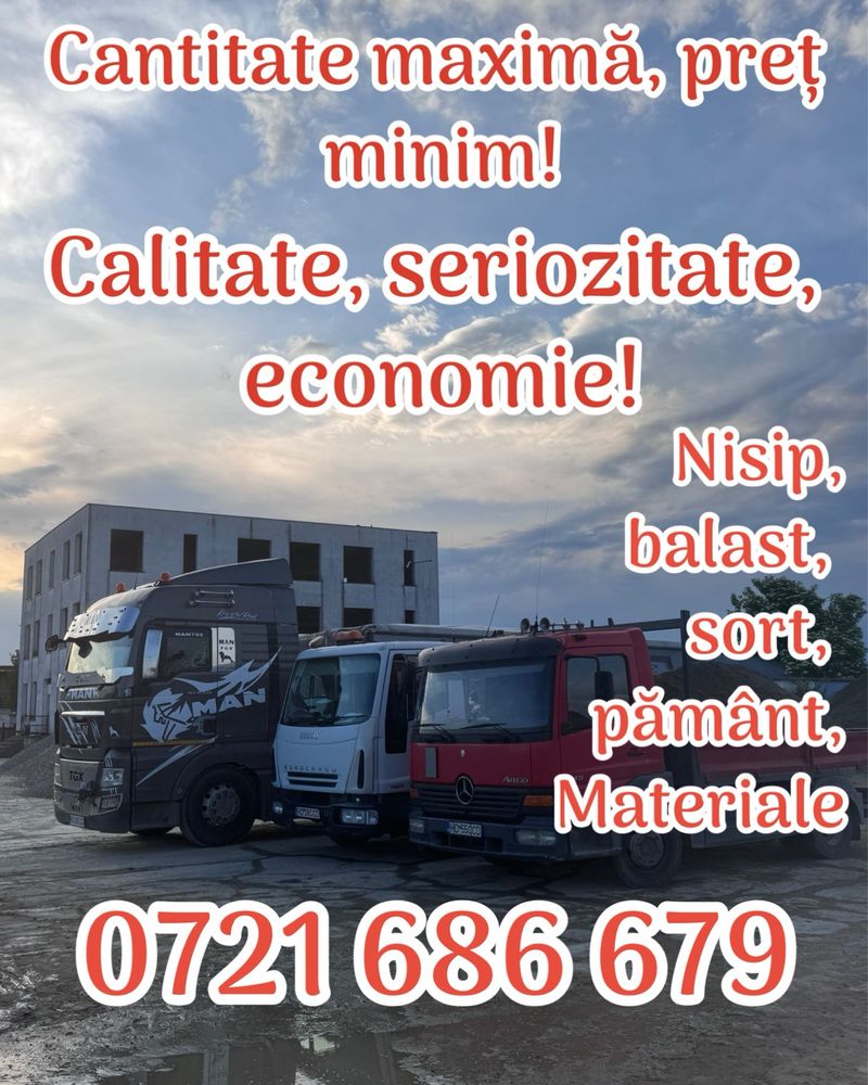 Transport nisip, materiale, piatra de cariera, pamant, agregate, moloz