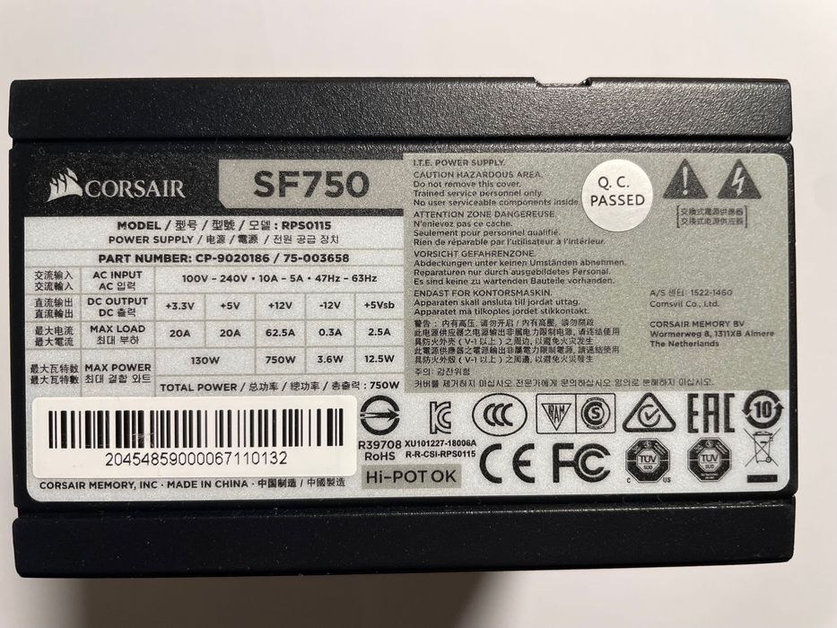 SFX Модулно захранване Corsair SF750, 750W, 80 PLUS Platinum