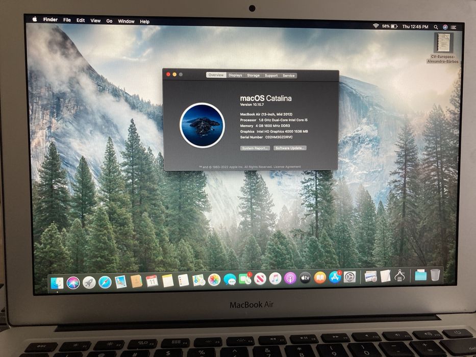 Apple MacBook Air 13'' 2012 A1466 i5 4GB RAM 128GB SSD Catalina 10.15