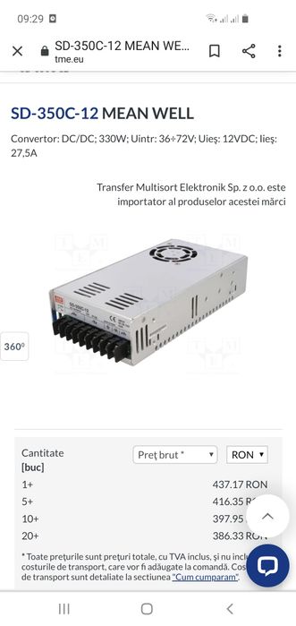 Convertor de la 19÷36 V la 12 V , 27,5A  -MEAN WELL  SD-350B-12


Isol