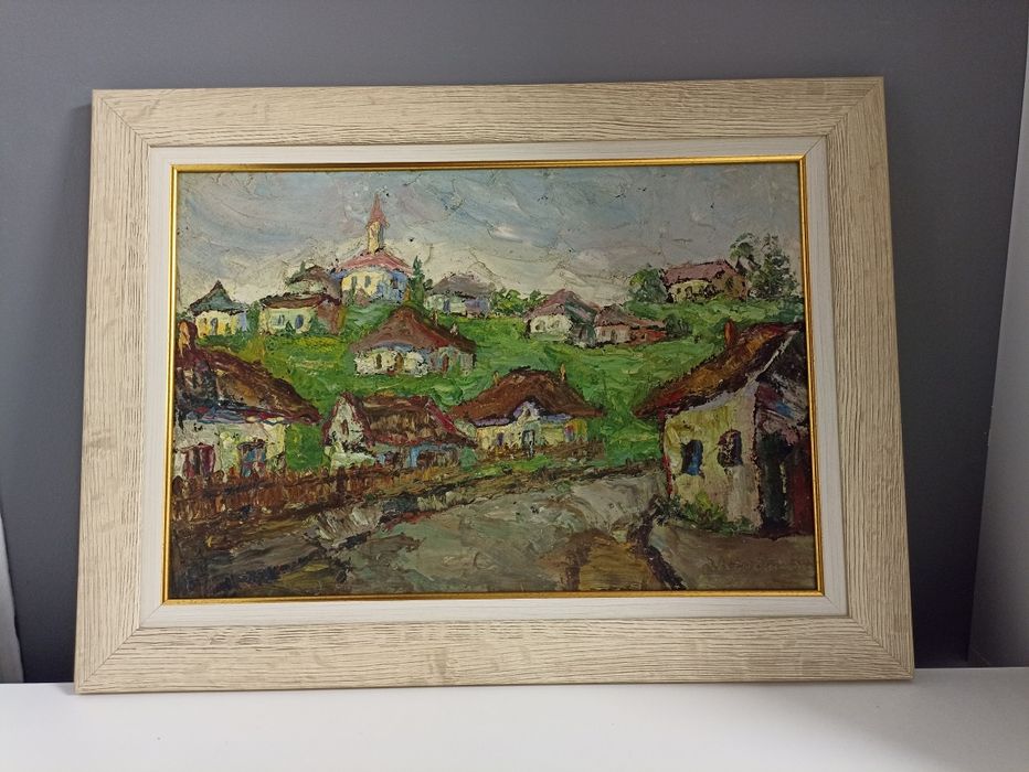 Tablou "Cartierul lipovenesc din Roman", lucrat in ulei, cu cutitul