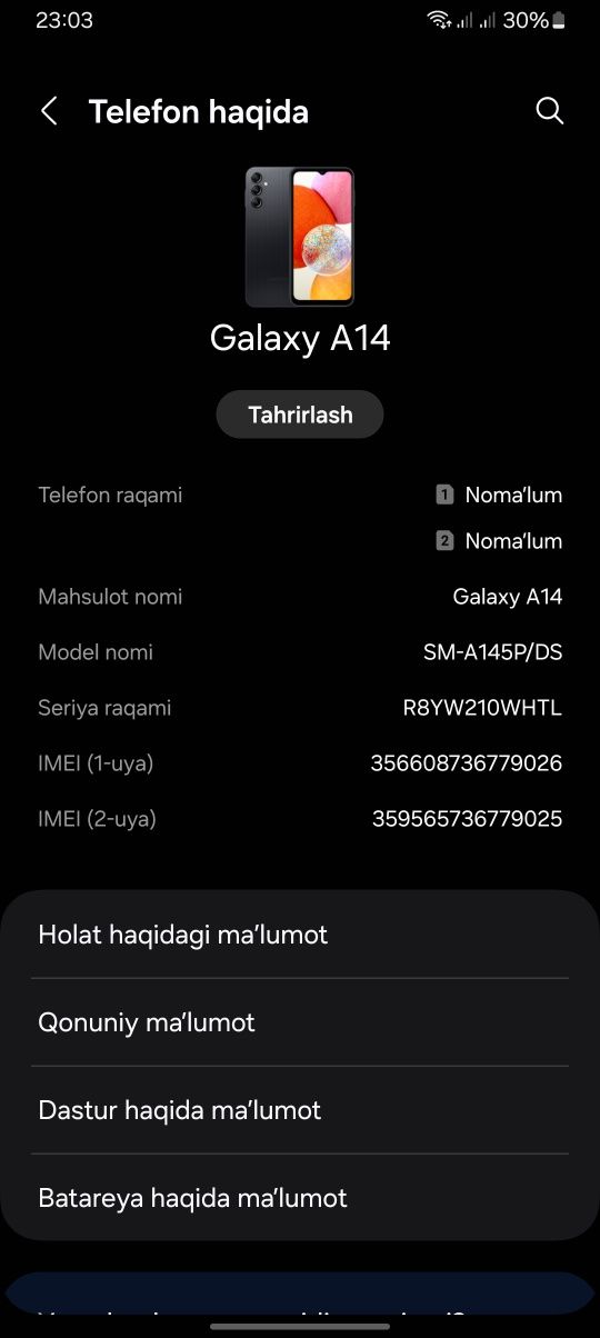 Samsung A14 xotra 128 gb 4 gb