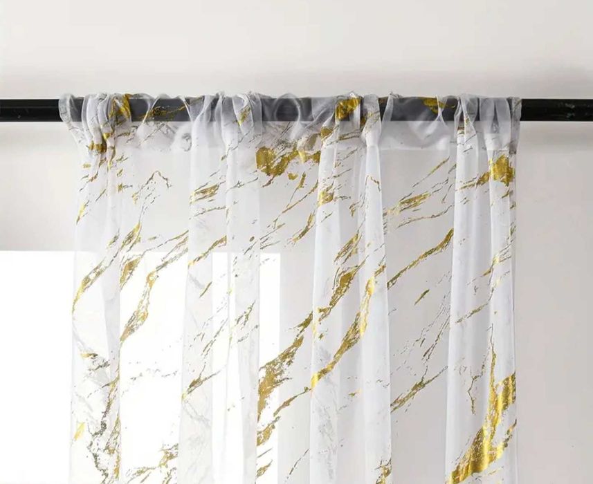 Perdele albe cu imprimeu auriu model marble,marmorat
