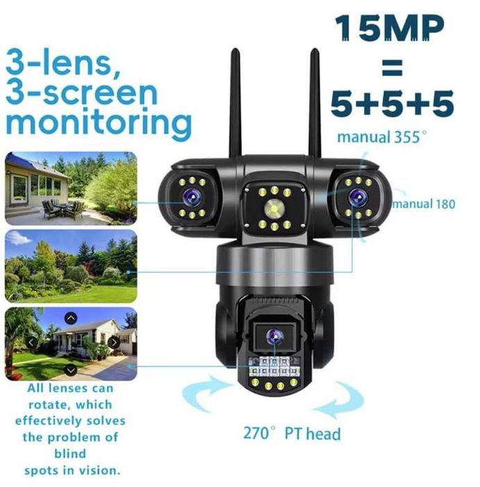 Camera Supraveghere WIFI 15MP 8K 3 lentile + Micro SD 64 GB